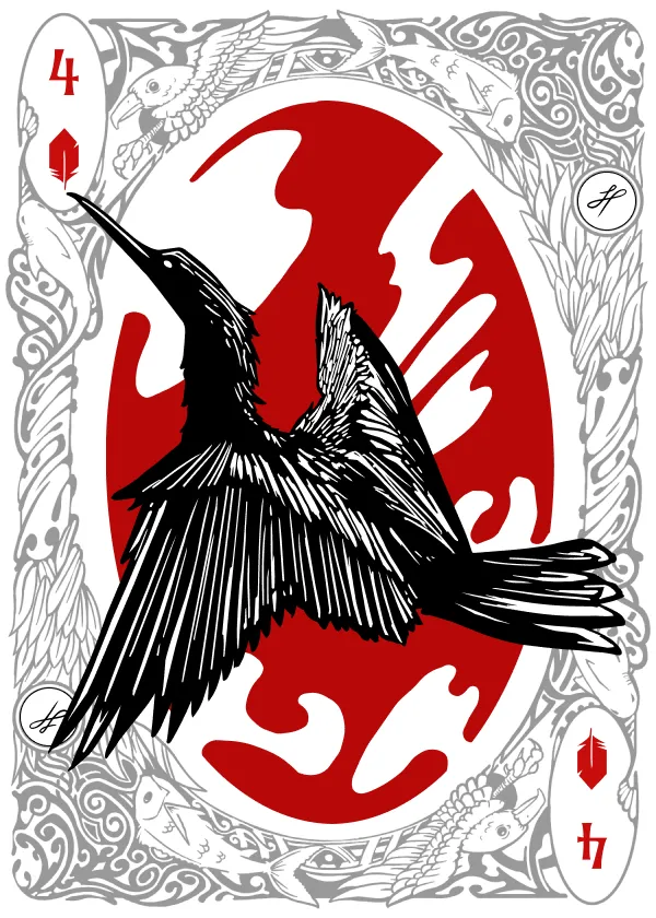 The four of diamonds from the Fins & Feathers deck: a pen-and-ink anhinga in flight, inked almost solid black with its dagger bill and long tail extended, against a red oval.