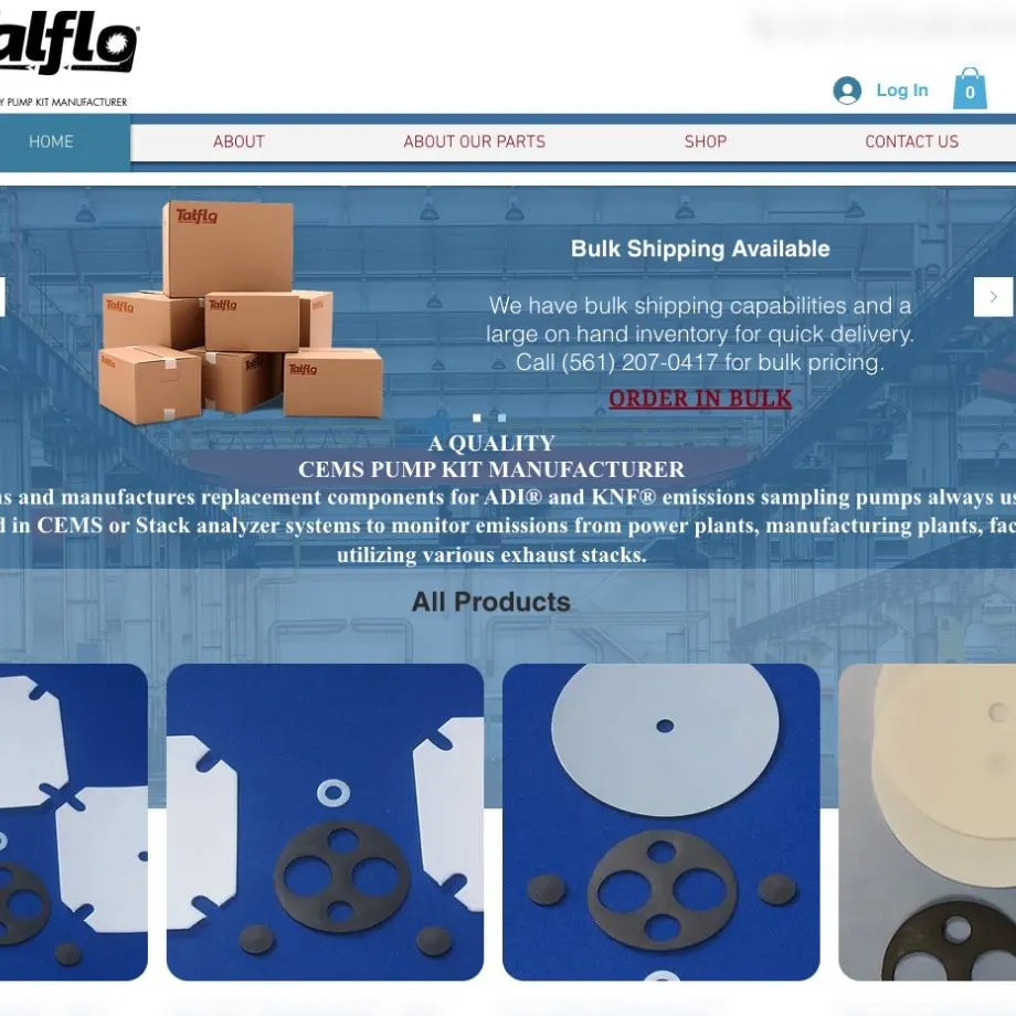 The original TALFLO homepage: a dense blue page with a stack of shipping boxes, a red 'ORDER IN BULK' link, a wall of small paragraph text, and eight product tiles competing for attention below.