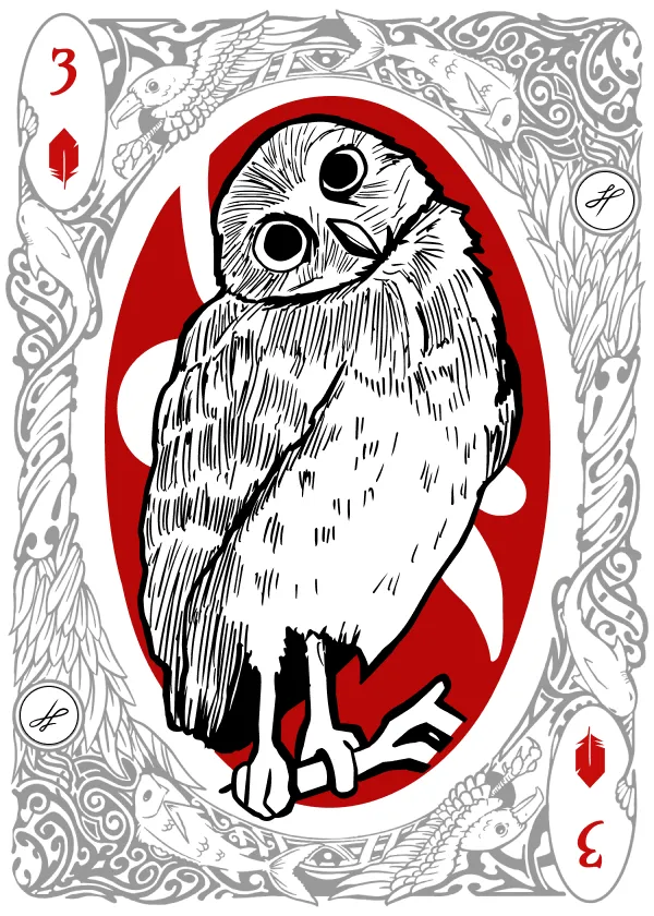 The three of diamonds from the Fins & Feathers deck: a pen-and-ink burrowing owl standing square to the viewer on its long bare legs, one eye wide and one narrowed, against a red oval.