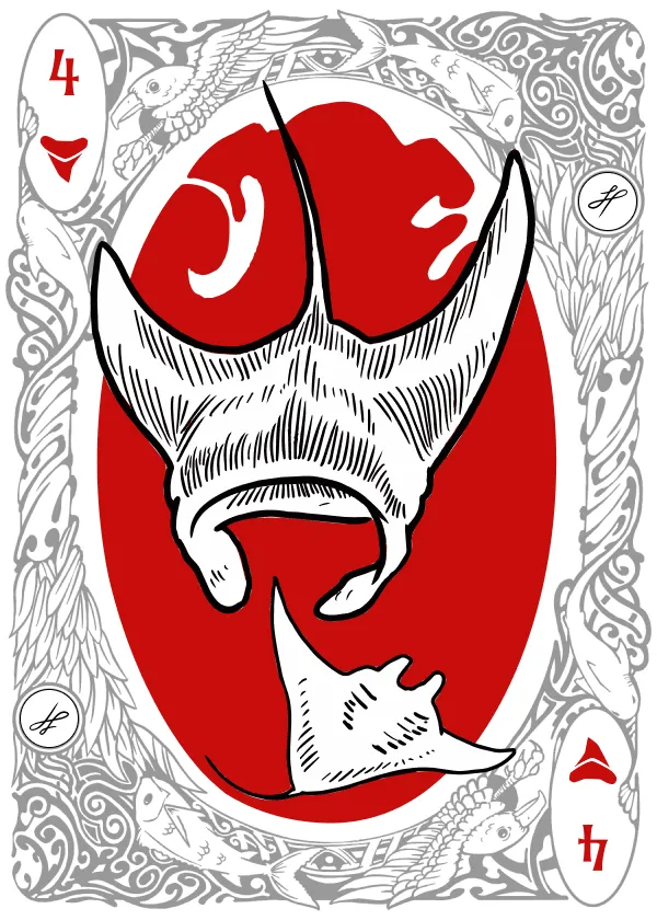 The four of hearts from the Fins & Feathers deck: a pen-and-ink giant manta ray seen head-on with cephalic fins raised, a smaller ray banking below it, against a red oval. The suit pip is a ray silhouette.