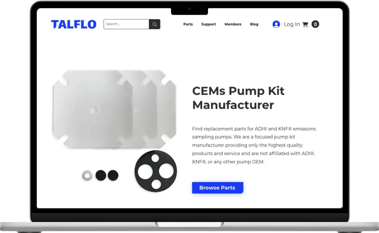 The redesigned TALFLO storefront on a laptop. A single product headline, "CEMs Pump Kit Manufacturer", sits beside a clean photo of the pump plate and gaskets, with one blue "Browse Parts" button as the only prominent action.