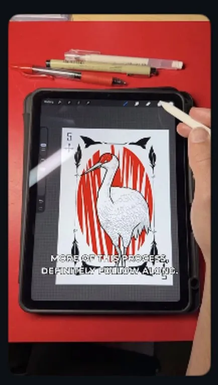 The losing opening frame. A mid-process shot of the same drawing on an iPad, surrounded by pens, overlaid with the words "more of this process, definitely follow along".