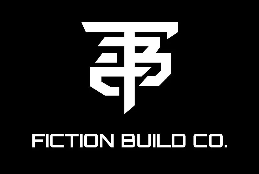 The Fiction Build Co. lockup reversed out in white on a solid black field: the monogram above the wordmark FICTION BUILD CO. set in wide-tracked capitals.