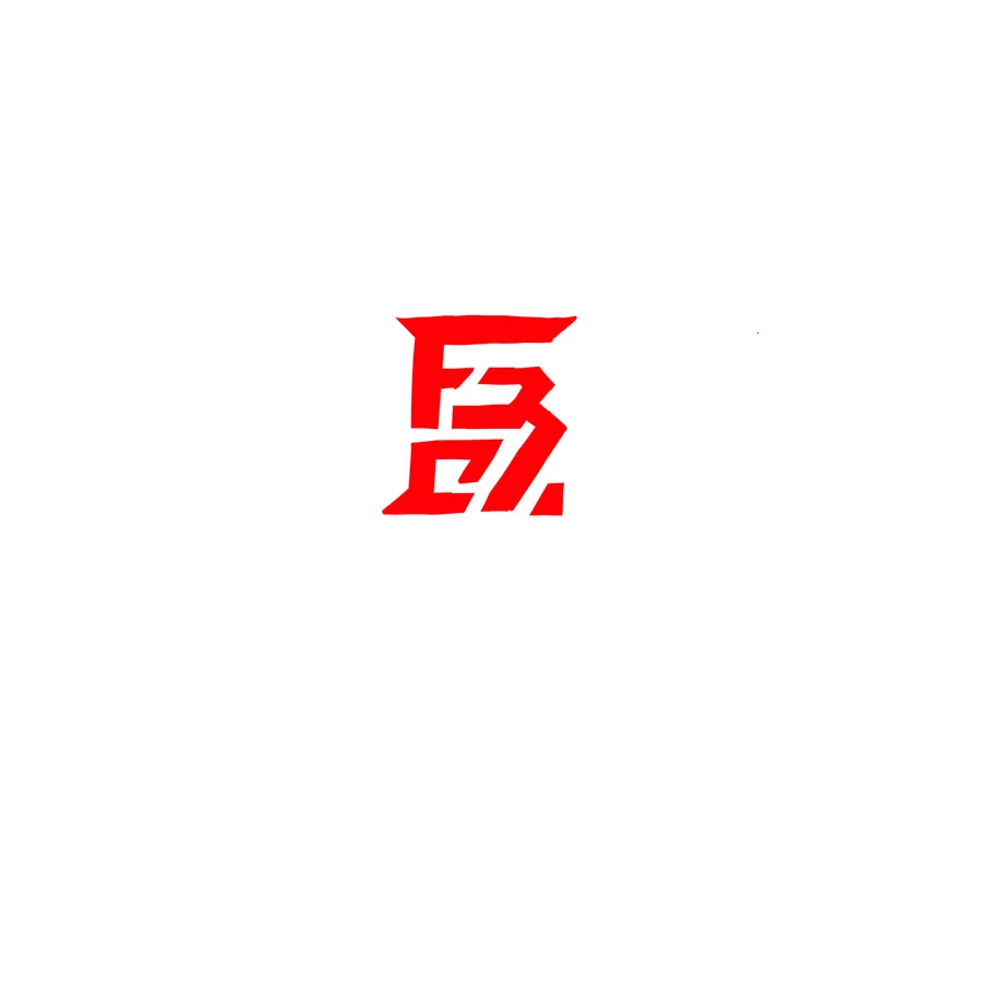 An early Fiction Build Co. logo exploration in red, showing a compressed angular monogram with sharp mitred corners, drawn before the final proportions were resolved.