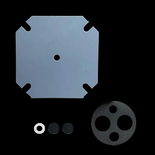 The replacement product photograph: the same pump plate and gaskets on a seamless black background, evenly lit, squared to the frame and consistently scaled.