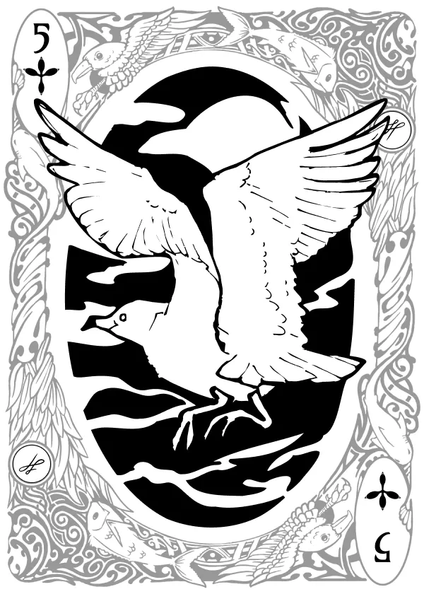 The five of clubs from the Fins & Feathers deck: a pen-and-ink ring-billed gull dropping feet-first towards the water, drawn in white line against a solid black oval of sea and sky.