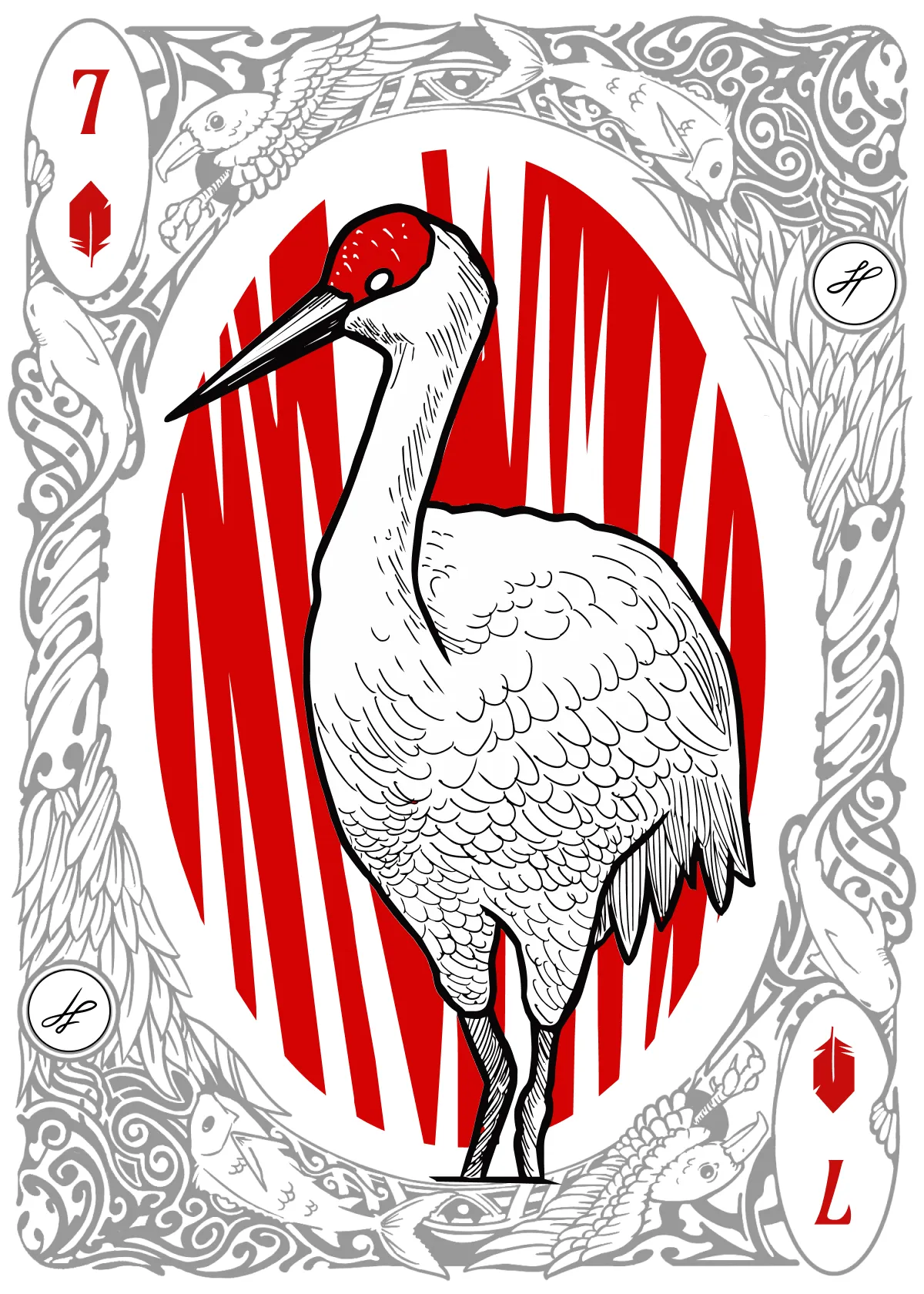 The seven of diamonds from the Fins & Feathers deck: a pen-and-ink sandhill crane standing in profile, its red crown the only colour on the bird, against an oval of red vertical strokes.