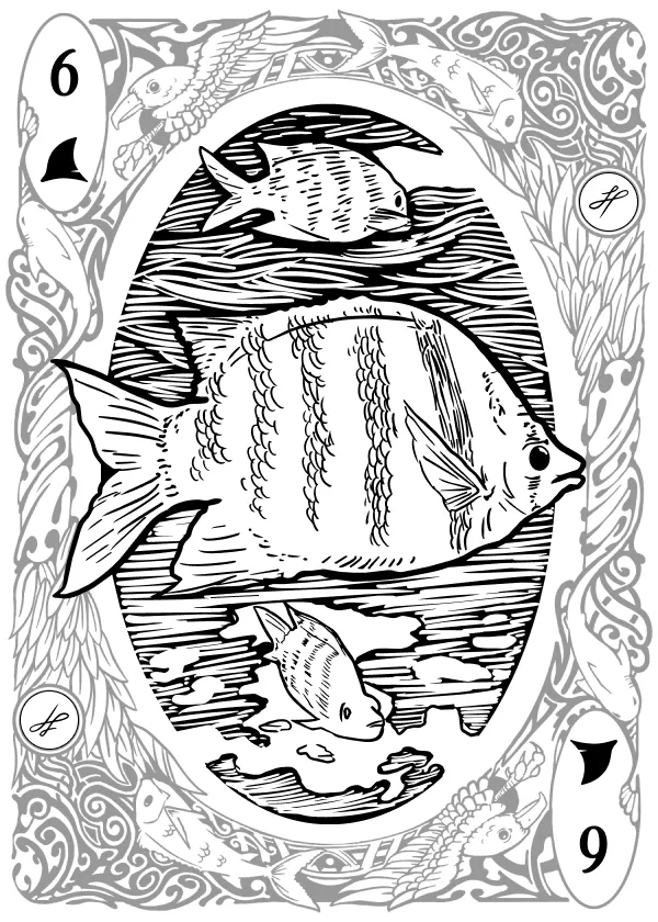 The six of spades from the Fins & Feathers deck: a pen-and-ink sergeant major fish in profile with two smaller fish above and below, all against dense hatched water.