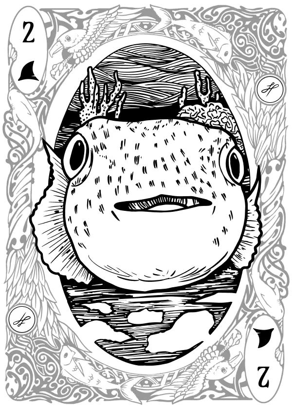 The two of spades from the Fins & Feathers deck: a pen-and-ink spotted porcupinefish facing the viewer head-on, wide-eyed beneath a hatched waterline. The suit pip is a shark fin.