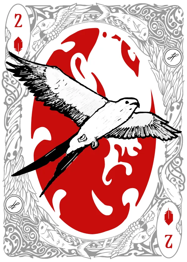 The two of diamonds from the Fins & Feathers deck: a pen-and-ink swallow-tailed kite in flight, wings spread and tail forked, against a red oval. The suit pip is a feather.