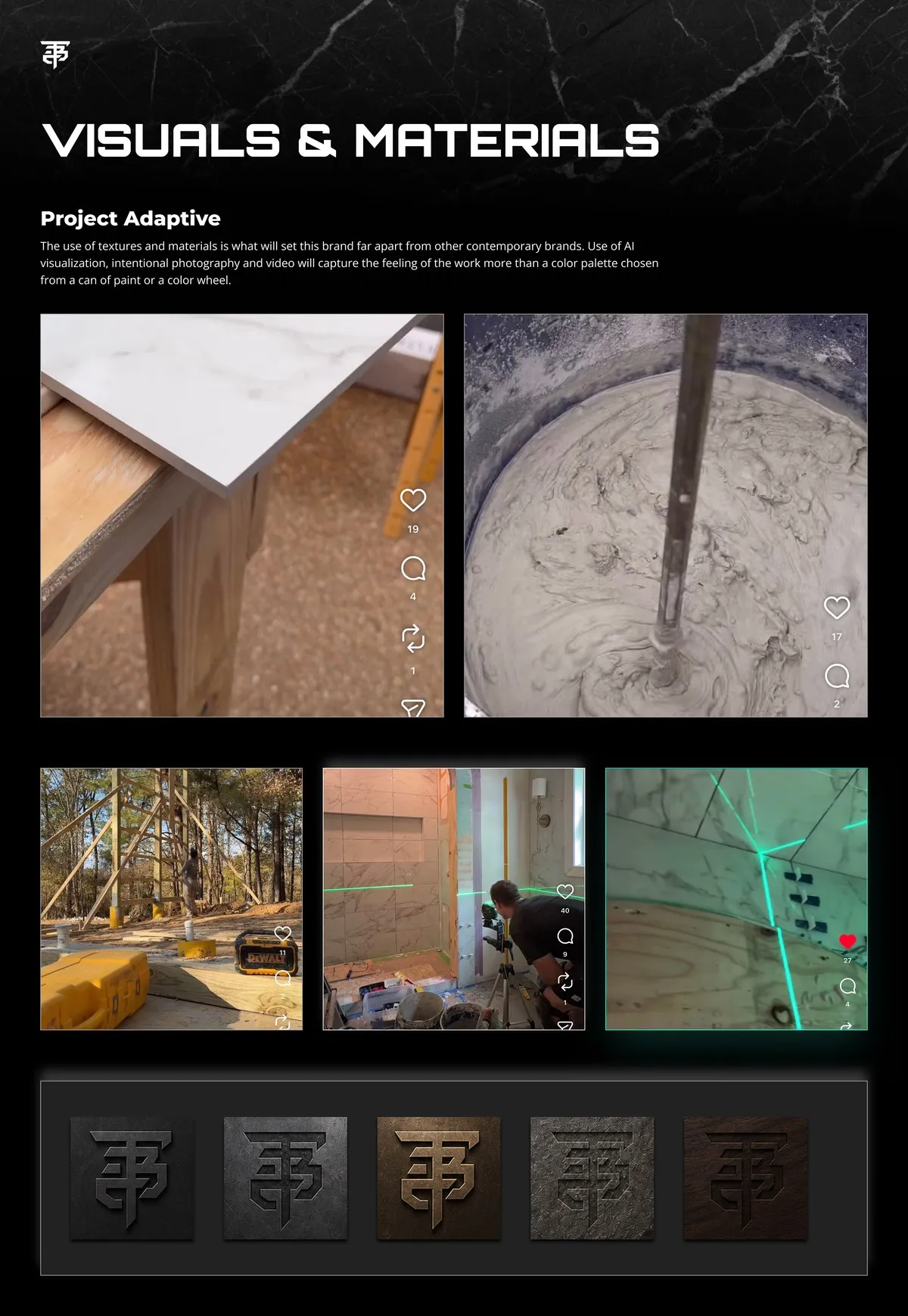The Visuals and Materials page of the Fiction Build Co. brand guide, set on black. It shows a grid of six site photographs — a stone countertop, wet concrete being mixed, timber framing, laser layout lines — above a row of five material swatches showing the monogram embossed on dark stone, wood and metal.