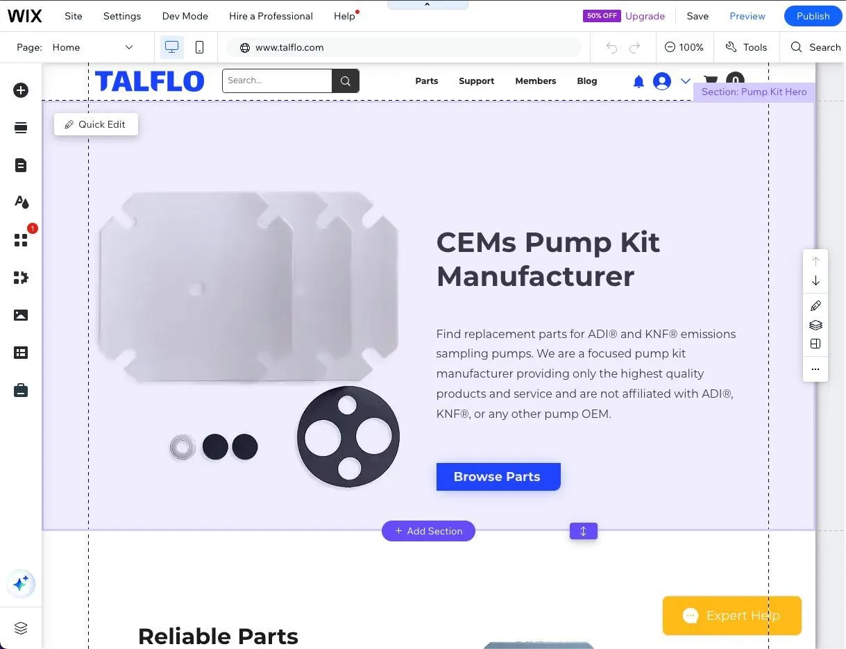 The Wix editor with the redesigned TALFLO homepage open on the canvas, showing the new hero layout with the pump plate product image and a single Browse Parts button.