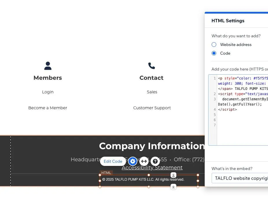 The Wix custom-code settings panel open over the TALFLO site footer, with a code snippet being added to the page head alongside the company information and accessibility statement.